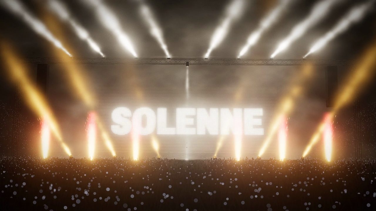 Stage beams, flame jets and the name SOLENNE in pixel type on an LED wall above a stadium crowd