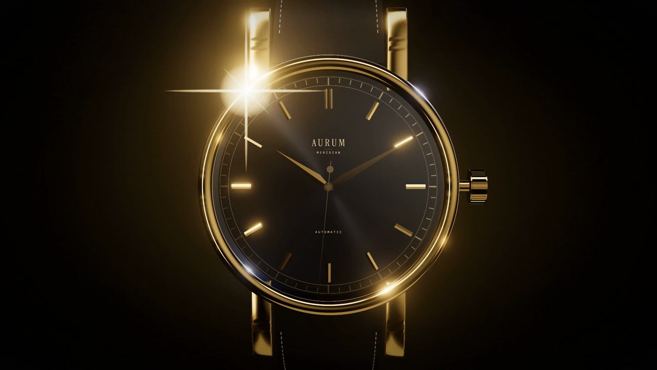 A gold watch with a black dial catching a light flare on a black background