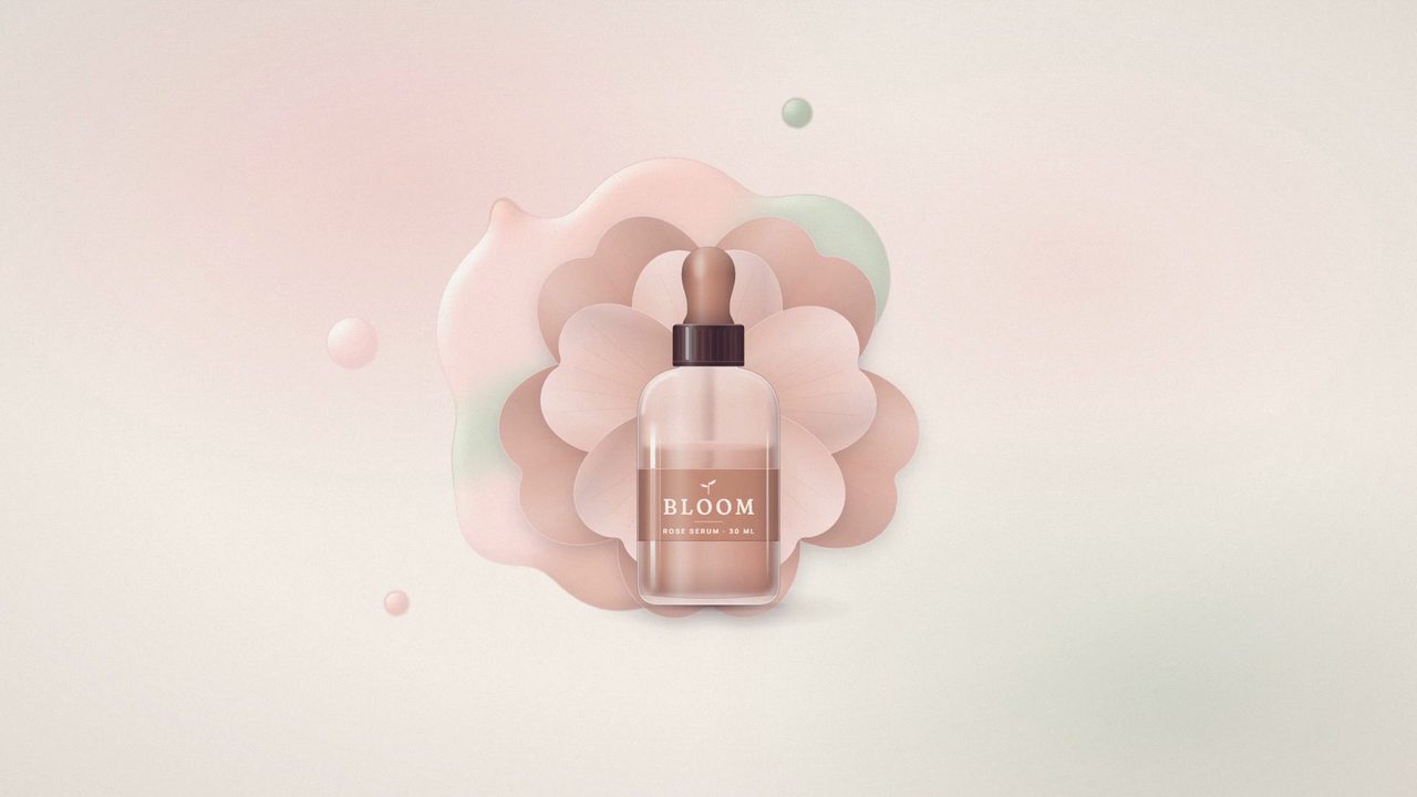 A Bloom rose serum bottle inside an open pastel rose