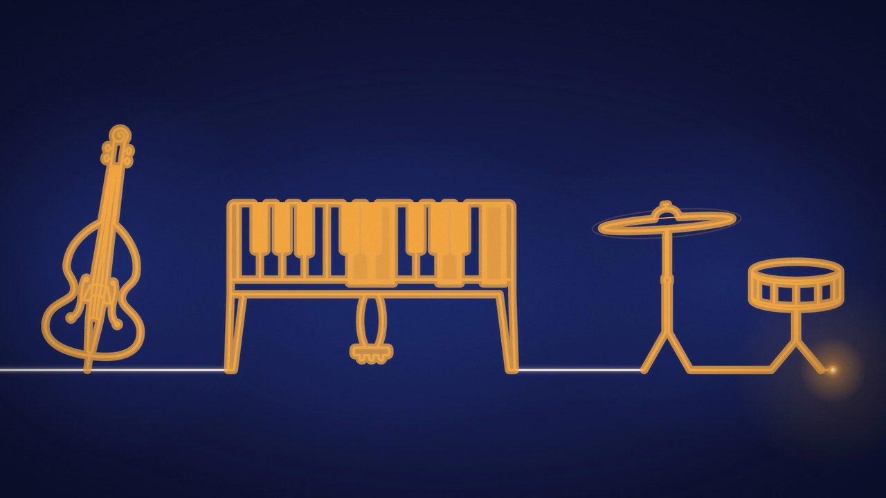 A single-line drawing of a double bass, piano and drums glowing amber on midnight blue