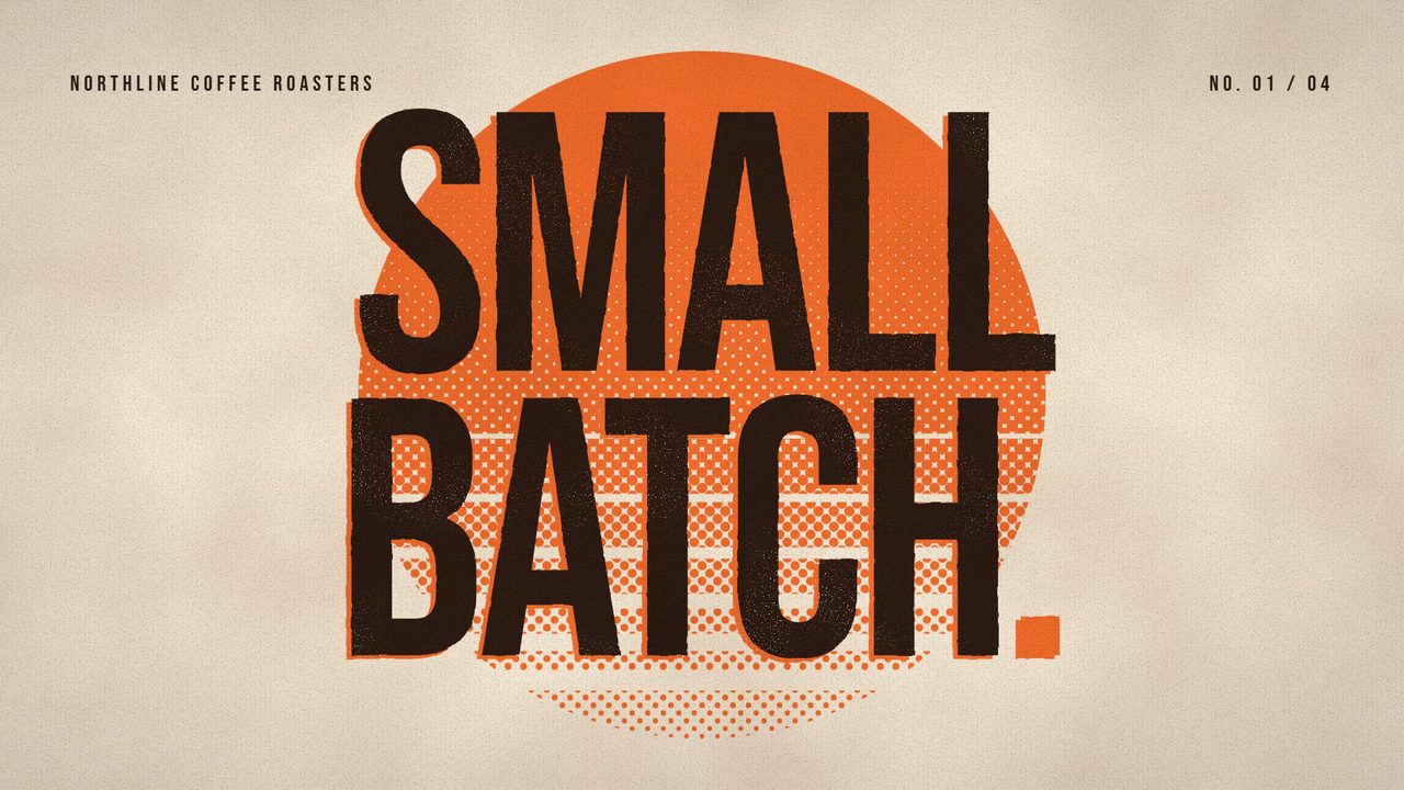 The words SMALL BATCH in brown over an orange halftone sun