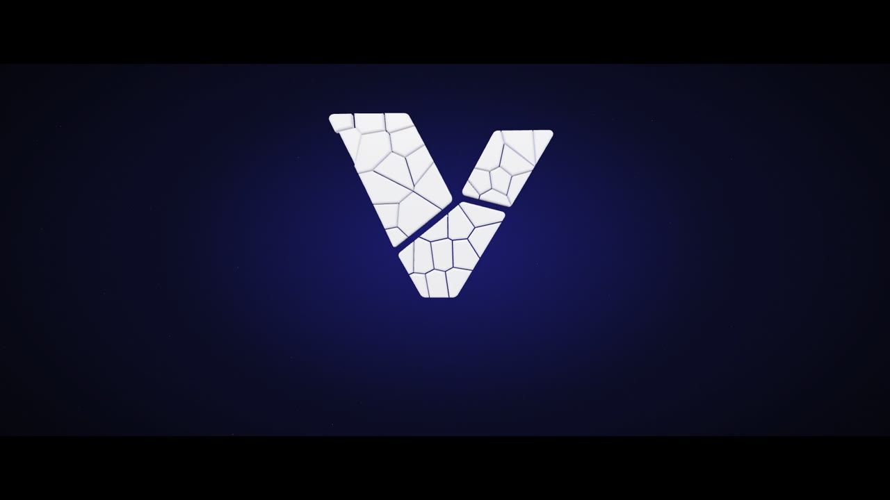 White Voronoi shards assembling into the Voronoi V under blue light