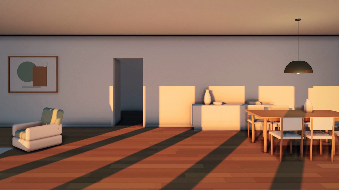 A sunlit clay-white living room with long window shadows across an oak floor
