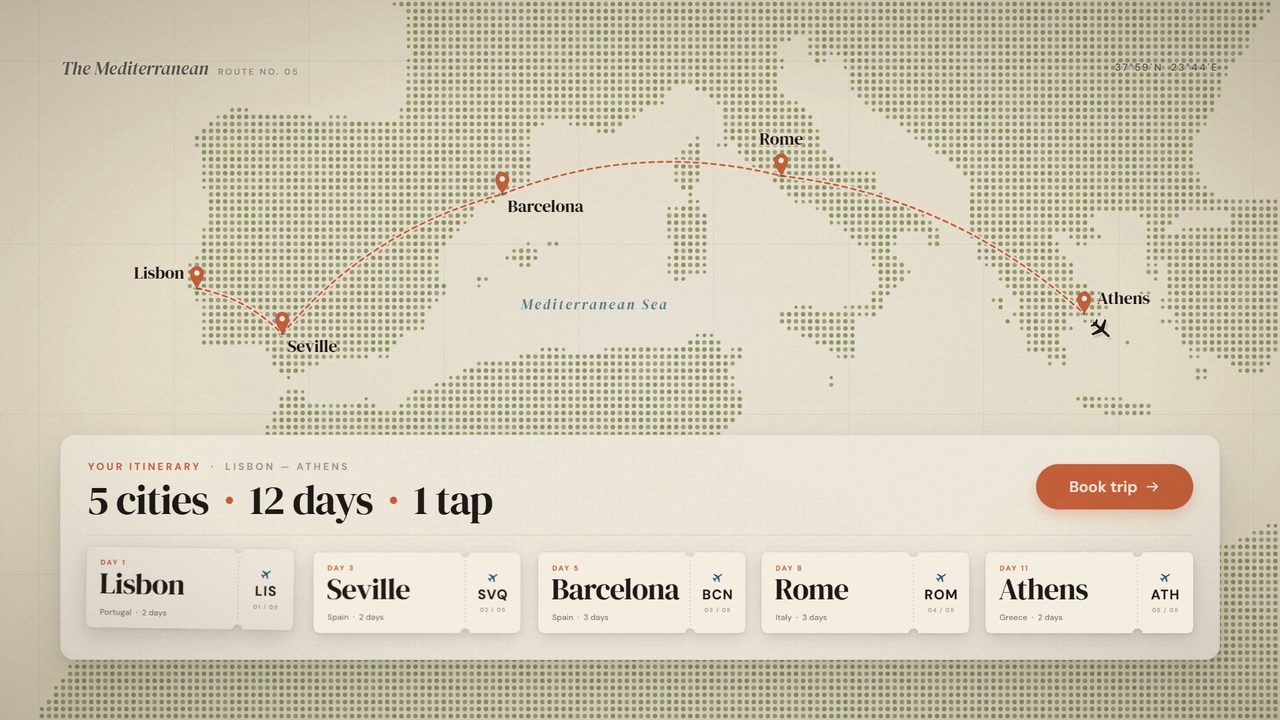 A dotted map of the Mediterranean with a flight route from Lisbon to Athens and an itinerary panel