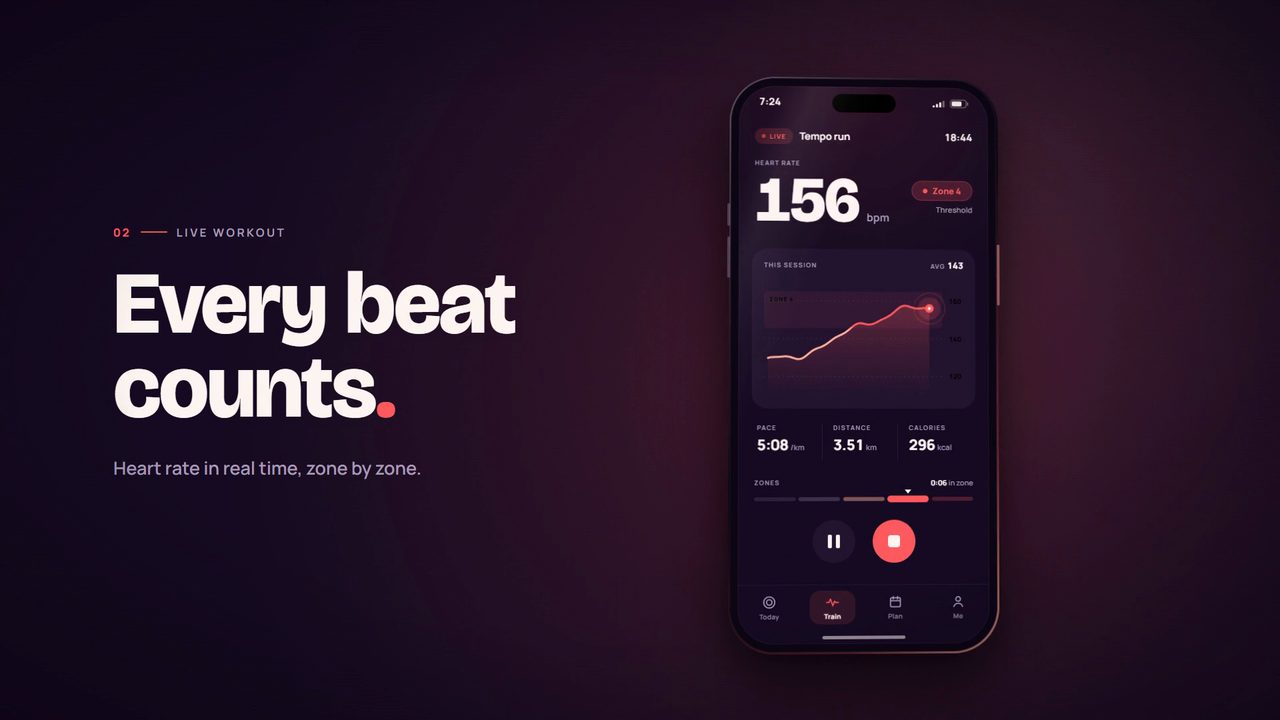 A phone showing a live heart-rate chart at 156 bpm beside the line Every beat counts