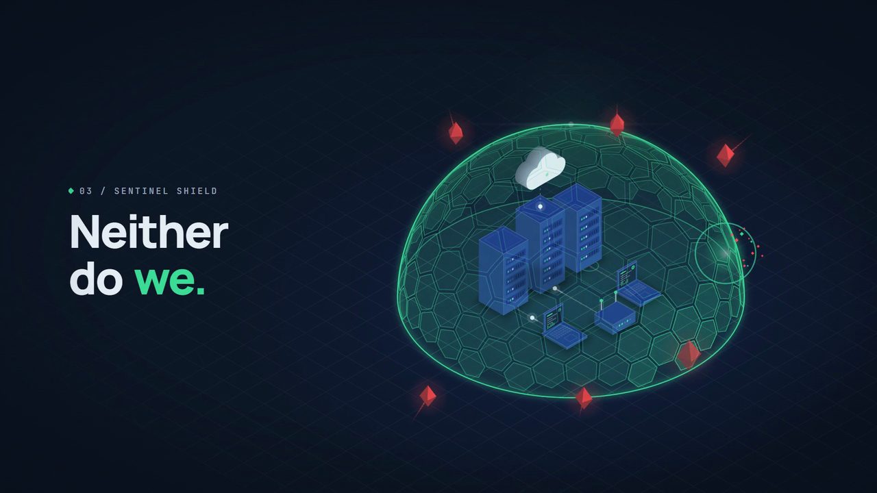 An isometric server stack under a green hexagonal shield dome with red threats around it