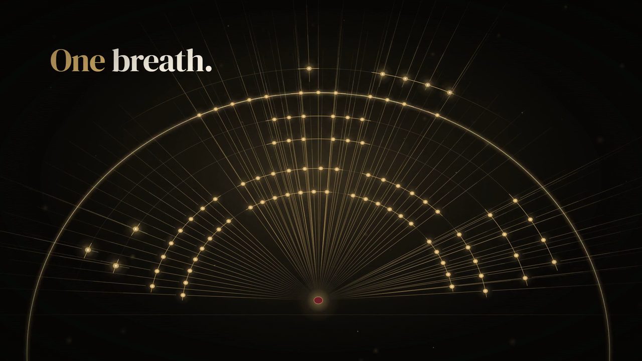 An orchestra seating plan drawn as gold dots on black, with gold lines fanning out from the podium